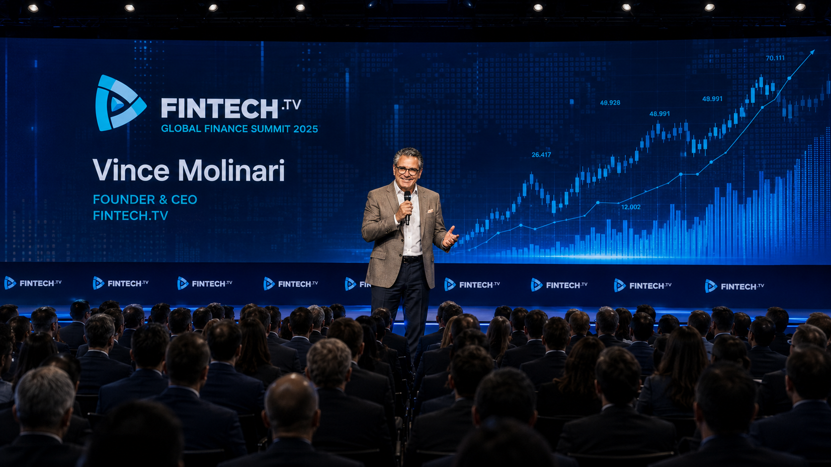 Vince Molinari speaking on stage at a FINTECH.TV broadcast event